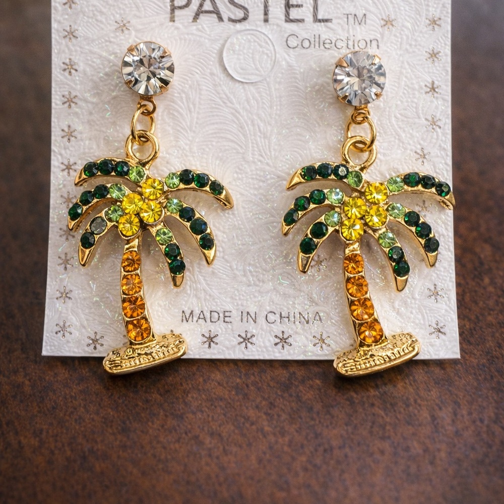 Gold Palm Tree Drop Earrings - Green & Yellow
